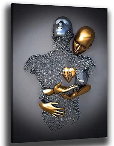 chongjian Liebe Herz 3D Grau Leinwand Wandkunst Moderne Gemälde 3d Abstrakt Umarmung Wanddekoration Schwarz und Weiß Metallfigur Skulptur Effekt Bild Wohnzimmer Dekoration (Gold Mit Rahmen, 16x24in)