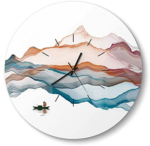 DEQORI Glasuhr | rund Ø 50 cm | Motiv Berglandschaft | große XXL Design Uhr aus Glas | leise Wanduhr für Wohnzimmer & Küche | moderne Hingucker Uhr für die Wand