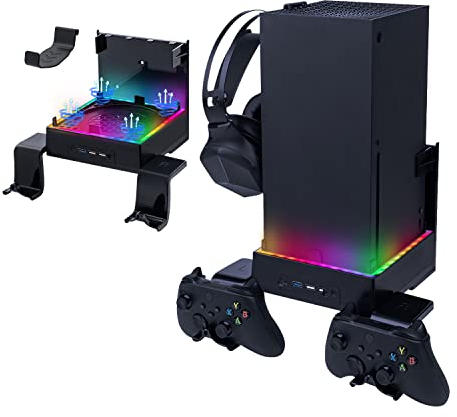 Mcbazel Soporte de pared Xbox Series X ventilador de refrigeración, soporte de sistema de refrigeración RGB LED puertos USB/soportes para controladores.