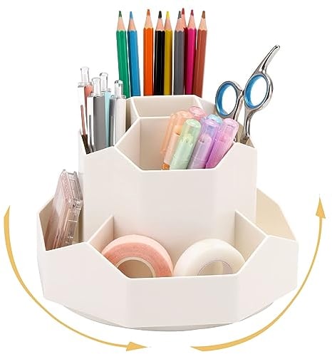 SAMSYOKI Drehbarer Stiftehalter, 360 Drehbarer Schreibtisch Organizer, Rotation Stifthalter mit 9 Fächer, Stiftköcher Aufbewahrungsbox für Stifte Bürobedarf Schulbedarf Make-up Pinsel (Beige)