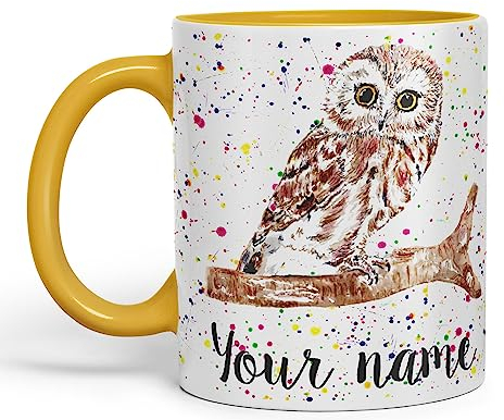 Vixar Personalised with Your Text Owl Bird Watercolour Art Coloured Ceramic Mug Cup Gift 330ml 11oz Custom Work Office Tea Coffee (O2) (G Yellow)