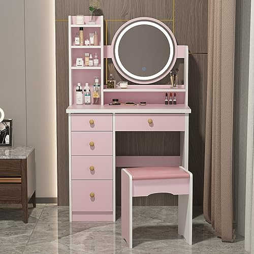 PREMTURE Schminktisch mit Hocker und 5 Schubladen, Frisiertisch mit Spiegel, Kosmetiktisch, Eckschminktisch mit Hocker, Schminktische, Rosa, MDF, 80 B x 40 T x 135H cm