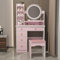 PREMTURE Schminktisch mit Hocker und 5 Schubladen, Frisiertisch mit Spiegel, Kosmetiktisch, Eckschminktisch mit Hocker, Schminktische, Rosa, MDF, 80 B x 40 T x 135H cm