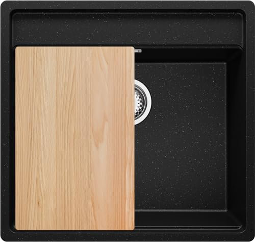 PRIMAGRAN Spülbecken Schwarz Metallic 56x53cm, Granitspüle 1 Becken + Ablauf-Set + Schneidebrett, Küchenspüle ab 60er Unterschrank - Bergen S037