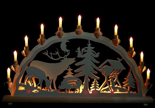 Schwibbogen - Waldmotiv - 68cm, 11 Kerzen + Vorbeleuchtung - Feine Handarbeit aus dem Erzgebirge - Weihnachten erzgebirgischer Lichterbogen