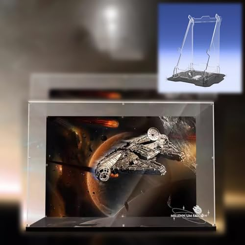 AZIZAT Acryl-Vitrine ist kompatibel mit Lego 75192 Millennium Falcon Modell. Modell-Sammlerstücke, staubdichte, transparente Displaybox (nur Aufbewahrungsbox) (mit Halterung + Hintergrundstil 3 mm)