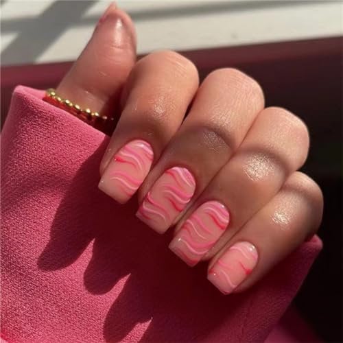 Square French False Nails - 24 Pcs Press on Nails: Short Pink & Nude Tips with Stripe Wave & Jelly Glue - Full Cover Stick on Nails for Women & Girls Nail Art