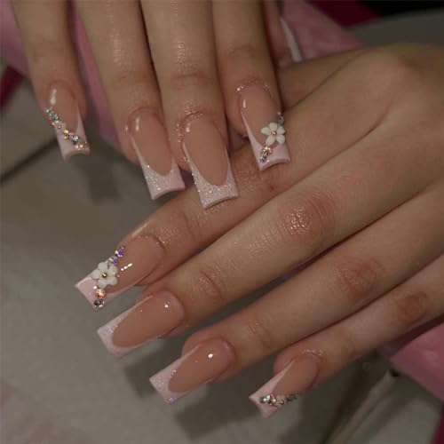 24pcs Medium Square French Tip False Nails - Glitter White Tip Stick-on With Rhinestone Flower - Nude Pink Press-on Removable Glue-on Acrylic Full Cover Fake Nails for Women Girls