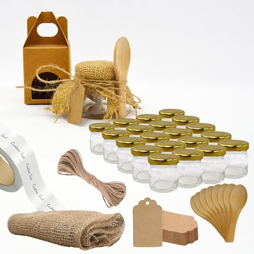 Espirito Rebelde Ensemble de 20 pots en verre de 40 ml avec boîtes assorties, tissu, ficelle de jute, étiquettes kraft, cuillères et rótulos personnalisés inclus - Pour confitures, conserves, miel