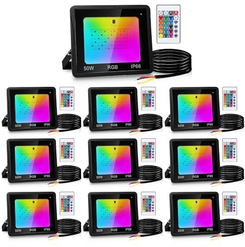 Yakimz RGB LED Spot extérieur 10 pièces, 50W Smart LED Projecteur, IP66 étanche Spot extérieur avec 16 couleurs 4 modes, Variable, fonction mémoire, lumière d'ambiance avec changement de couleurs