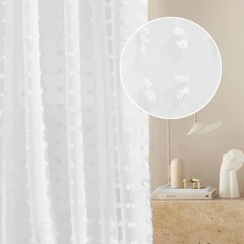 ROOM99 Gardine mit Kräuselband Casablanca 140 x 260 cm Breite x Höhe Wohnzimmer Transparent modern Vorhang Schal Wohnzimmer Schlafzimmer für Schienensystem Weiß Pompons, 1 Stück