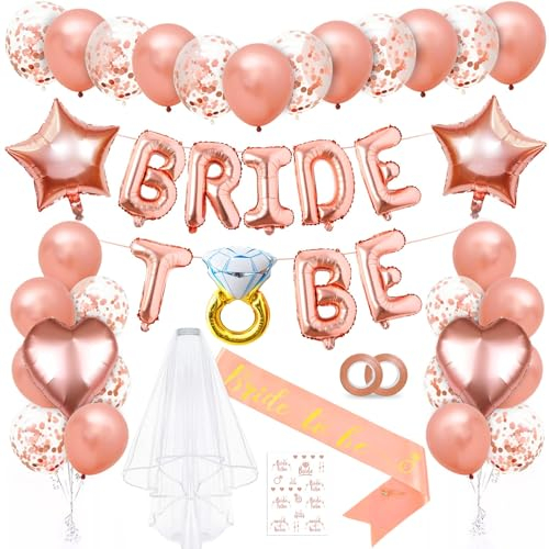 Bride To Be Deko, Jga Deko Frauen, Junggesellenabschied Accessoires mit Banner Folienballon Schärpe Tattoo, Ring Ballon Braut Schleier für Brautparty Geburtstag Heiratsantrag Verlobung Bachelorette