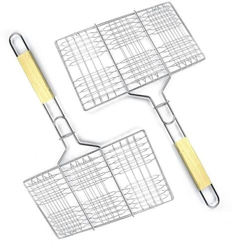 Lot de 2 supports de barbecue avec poignée en bois | Panier de barbecue pour légumes de poisson, steak, côtelettes de crevettes | Grille de barbecue en métal 33,5 x 20 cm | Panier à légumes | Spatule