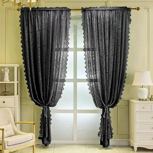 Net Curtains 90 Drop Pair Black Luxury Lace Net Curtain for Living Room or patio French Themed Décor 140cm Width x 229cm Drop (55x 90) Black Curtains