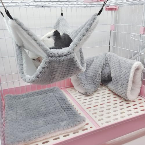 bangminda Lot de 3 Hamac pour Petit Animal Furet Lit pour Furet Hamster Hamac et Tunnel pour Rat Hamster écureuil Coussinets pour Petit Animal Tunnel à Suspendre pour Cage pour Cochons d'Inde (Gris)