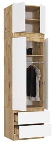 BDW Penderie à 4 Portes, 2 tiroirs, Armoire pour Chambre à Coucher, Salon, Couloir, 234 x 60 x 51 cm (Chêne Artisan/Blanc)
