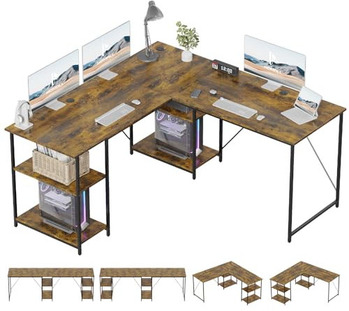 Homall Corner Desk with Storage Shelf 150X150X60CM,l Shaped Desk,Pc table,Study table,Suitable for both Study and Home Office,Gaming Desks Brown