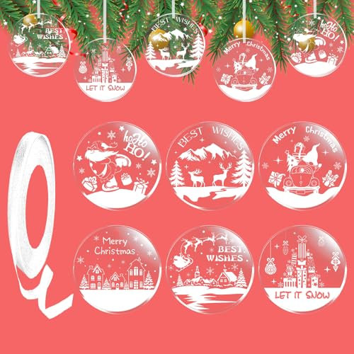 VEYLIN Weihnachten Acrylscheibe,6 Stück Acrylscheibe Weihnachtskugel,Leere Acrylscheibe,Weihnachten Acryl Scheibe Anhänger Mit rotem Band für weihnachtliche Dekorationsbasteleien (beidseitig gemuster