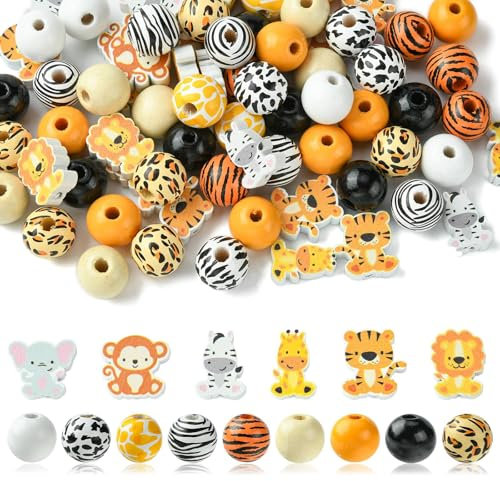 DanLingJewelry Zootier-Holzperlen, Elefant, Tiger, Giraffe, Tierdruck, Abstandshalter, lose Perlen für DIY, Party, Raumdekoration, 100 Stück