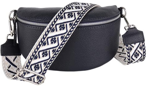 MIRROSI® Bauchtasche Damen, Echtleder, Made in Italy, Umhängetasche, Brusttasche, Crossbody Bag (1 Tasche & 2 Gurte) (Navy (Kette), Große Tasche (28x18x9cm))