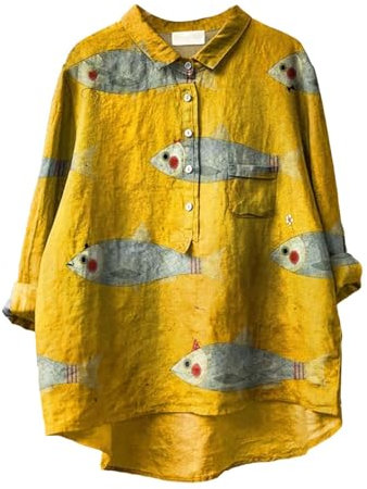 Linen T Shirt for Women's Vintage Fish Art Print Lapel Neck Button Blouses Long Sleeves Casual Tops Sequin Top (Yellow, L)