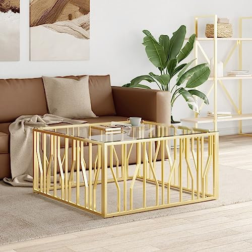 Willood Couchtisch Wohnzimmertisch Beistelltisch 100x100x50 cm Edelstahl und Glas Gold Stil 2