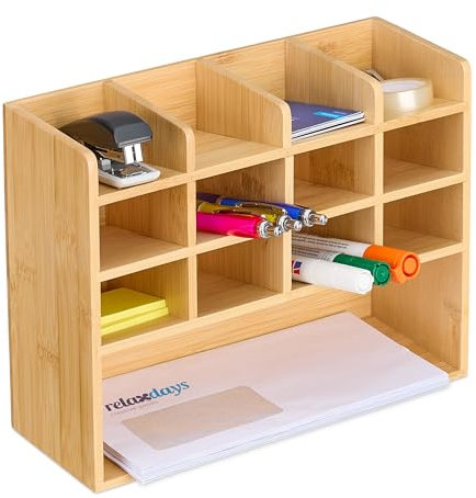 Relaxdays Organisateur de Bureau, en Bambou, 13 Compartiments, pour Vos Lettres et Vos stylos, HLP 21x27x10 cm, Nature