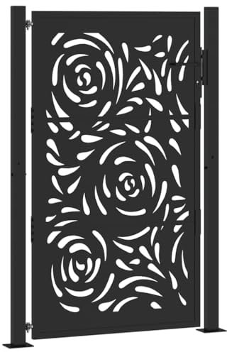 vidaXL Puerta de jardín diseño llama acero negro 105x155 cm, puerta de cerca, puerta exterior, puerta de metal, puerta de seguridad, puerta de entrada