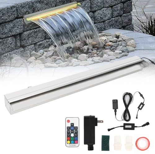 Cascade en Acier Inoxydable pour piscines, Fontaine éclairée par LED, débordement rectangulaire pour Zones extérieures, Accessoire de Piscine LED Robuste avec télécommande - 60 x 12 x 8 cm