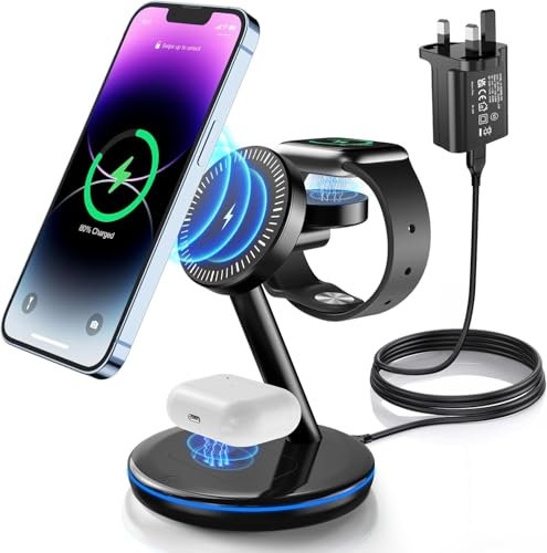 Magnetic Wireless Charger,3 in 1 Wireless Charging Station MagSafe Compatible 18W Fast Charger Stand for iPhone 16 15 14 13 12 Pro/Pro Max/Plus AirPods 2/3/Pro iWatch Ultra 9/8/7/SE/6/5 (with Adapter)