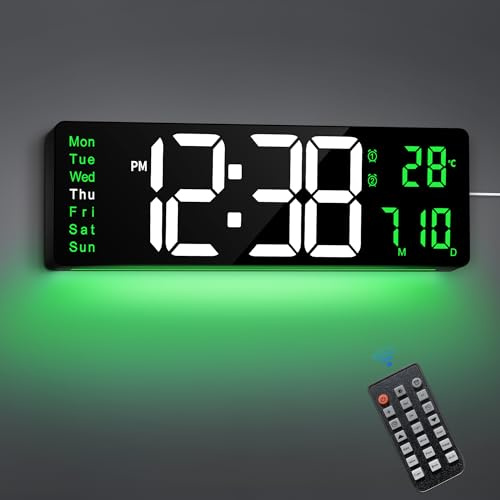 Maxstar 16 LED Digitale Wanduhr mit Fernbedienung,2 Alarmen,DST, Datum,Woche,Dimmer,große Digitale Uhr mit Temperatur,Jumbo Nummer,Nachtlicht für Wohnzimmer,Garage,Fitnessstudio,Schreibtisch (grün)