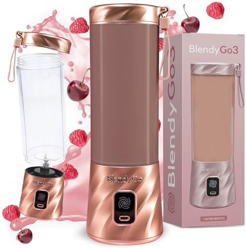 BlendyGo 3 Mixer Smoothie Maker, Smoothie Mixer Klein, Mini Portable Blender, Tragbarer Mixer USB, Smoothie-Maker to go, Standmixer 550 ml, BPA-freie, PulseMotion &BlendPro Technologie (Roségold)