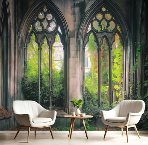 MIATCENRT Papier Peint Panoramique ‎150x105cm (L×H), Gothique Fenêtre Papier Peint Tissu De Soie, 3D Effet Décoration Murale Poster, Nature Ruines Tableaux Muraux Photo Trompe L'Oeil Ornament