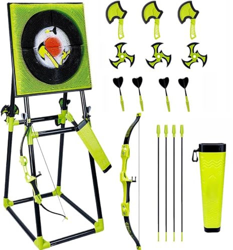 4 in 1 Deluxe Axe Throwing Game Set for Adults, Backyard & Indoor Outdoor Sports Activity Set Includes Axes, Darts, with Collapsible Stand, Bows & Throwing Stars with Target Board
