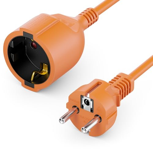 deleyCON 2m Câble de Rallonge Électrique avec Fiche de Sécurité Type f (CEE 7/4) vers Prise (CEE 7/3), Protection Tactile, pour TV, PC, Projecteur - Orange