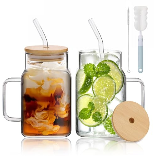 Anhow Juego de 2 Vasos de Cristal con Asa y Pajita, 600ML Tazas de Café de Cristal, Vasos de Cóctel Transparente, Taza de Jugo de Leche, para Té Helado, Leche, Latte, Macchiato, Bebidas Calientes