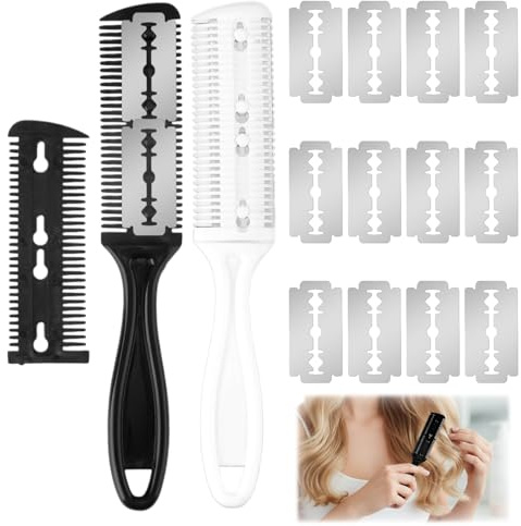 Peine Con Cuchilla, Virtud De Doble Cara Cortador De Puntas Abiertas Cabello, Navaja Barbero Para Uso En Peluquerías Salones De Belleza y Cortes De Cabello En El Hogar (blanco y negro)
