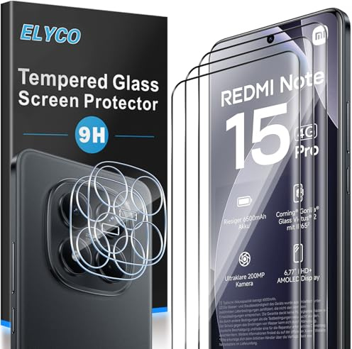 ELYCO Protection Écran pour Xiaomi Redmi Note 15 Pro 4G, 3 Pièces Films Verre Trempé + 2 Pièces Caméra Arrière Protecteur, 9H Dureté, Full Cover Anti-Bulles/Anti-Rayures, HD Transparent