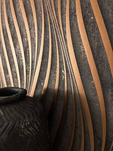 Newroom Vliestapete Schwarz Kupfer Wellen Wohnzimmer Tapete | goldene Wellenlinien mit metallischem Schimmer, körnige Struktur, Glamour Mustertapete, edle Wandtapete Schlafzimmer Flur