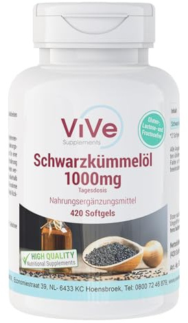 Schwarzkümmelöl 1000mg - 420 Softgels - schluckfreundlich - 1000mg pro Tag - Kaltgepresst - Hochdosiert - mit wertvoller Linolensäure - Qualität aus Deutschland - ViVe Supplements