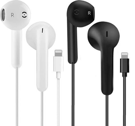 Set di 2 cuffie Lightning con cavo, Apple MFi certificate per iPhone 14/14 Plus/13/12/11/8/7 X Pro Max, auricolari in-ear HiFi Audio Stereo (bianco e nero)