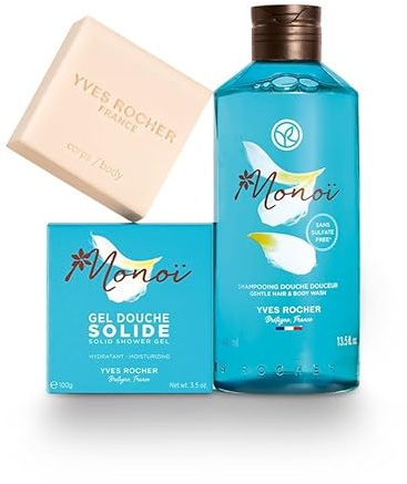 Yves Rocher Monoï Set – 2in1 Duschgel & Shampoo 400ml + Festes Duschgel 100g – Exotischer Monoï Duft – Sanfte Reinigung für Haut & Haare – Vegan