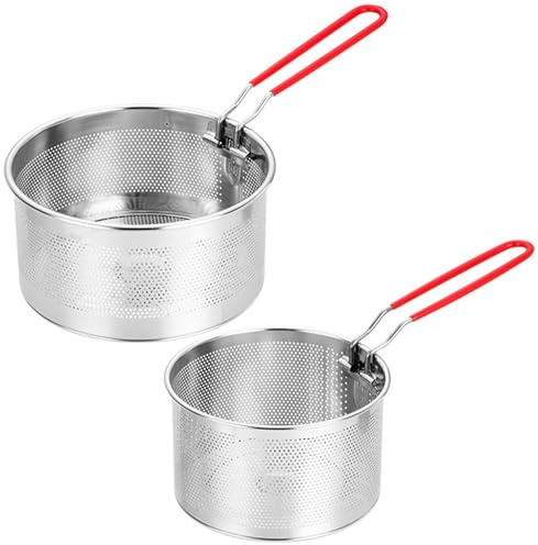 Novocloud 2 Pcs Kitchen Fry Basket Strainer Stainless Steel Noodle Strainer with Removable Handle Basket Colander French Chip Deep Frying Basket for Washing Draining Deep-Frying Boiling, 16cm+18cm