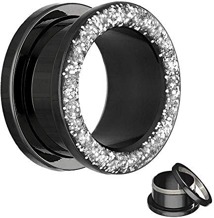 Treuheld® | 8mm Ohr Flesh Tunnel | Glitzer | Chirurgenstahl 316L | Schwarz mit Silbernem Glitter | mit Gewinde - Schraubverschluss (zum Schrauben)