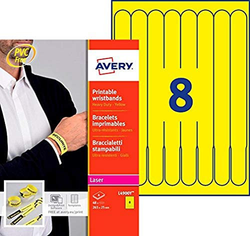 Avery 48 Druckbare Armbänder – 265 x 25 mm – Eindruck Laser gelb, fluoreszierend