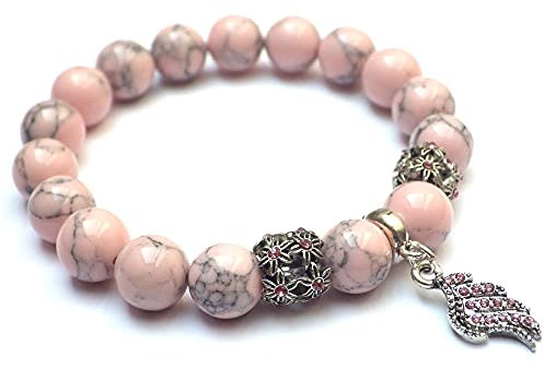 Rosa reconstituido perlas y Charms pluma en forma de cristales de turquesa pulsera