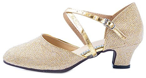Women's Mid Low Heel Salsa Tango Ballroom Latin Party Dance Shoes Outdoor Gold 3.5CM Tag 37-UK 3.5