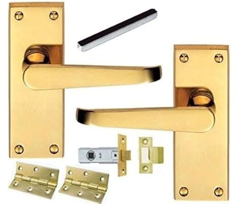 EUROART Victorian Internal Straight Lever Door Handle - Latch Pack with Hinges (100 x 37 mm) - Polished Brass