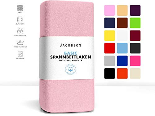 Jacobson Jersey Spannbettlaken Spannbetttuch Baumwolle Bettlaken (Topper 180-200x200 cm, Rosa)