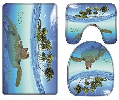 A.Monamour Badezimmer Badematte 3 Teilig Set Unterwasser-Meeresschildkröte Fisch Tropische Insel Palme Naturlandschaft Flanell Saugfähig Badteppiche Badvorleger Badgarnitur WC Vorleger